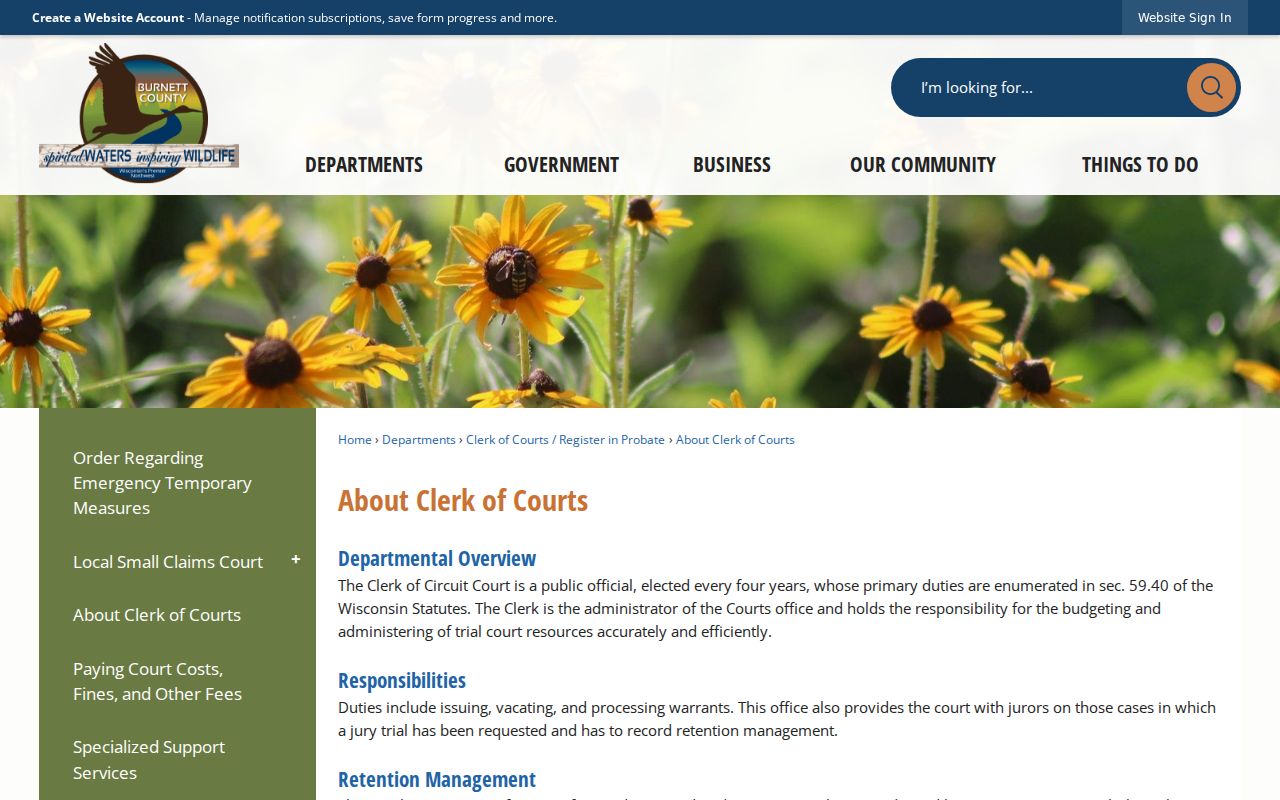 Burnett County court docket clerk official description